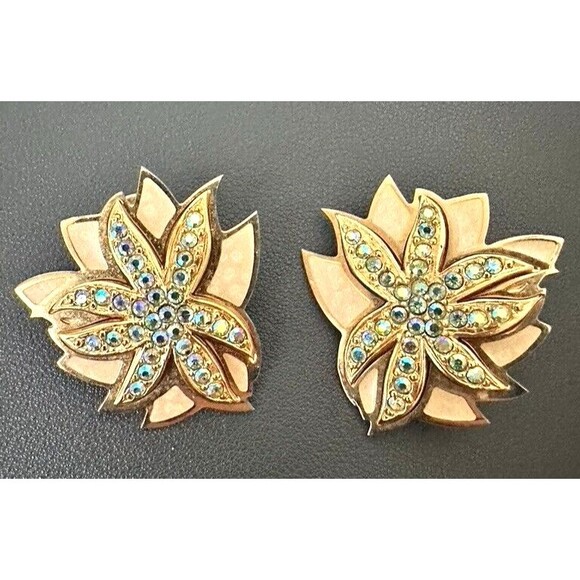 Vintage Edgar Berebi Blue AB Gold tone Metal Clip Earrings - Clip on - Picture 1 of 6